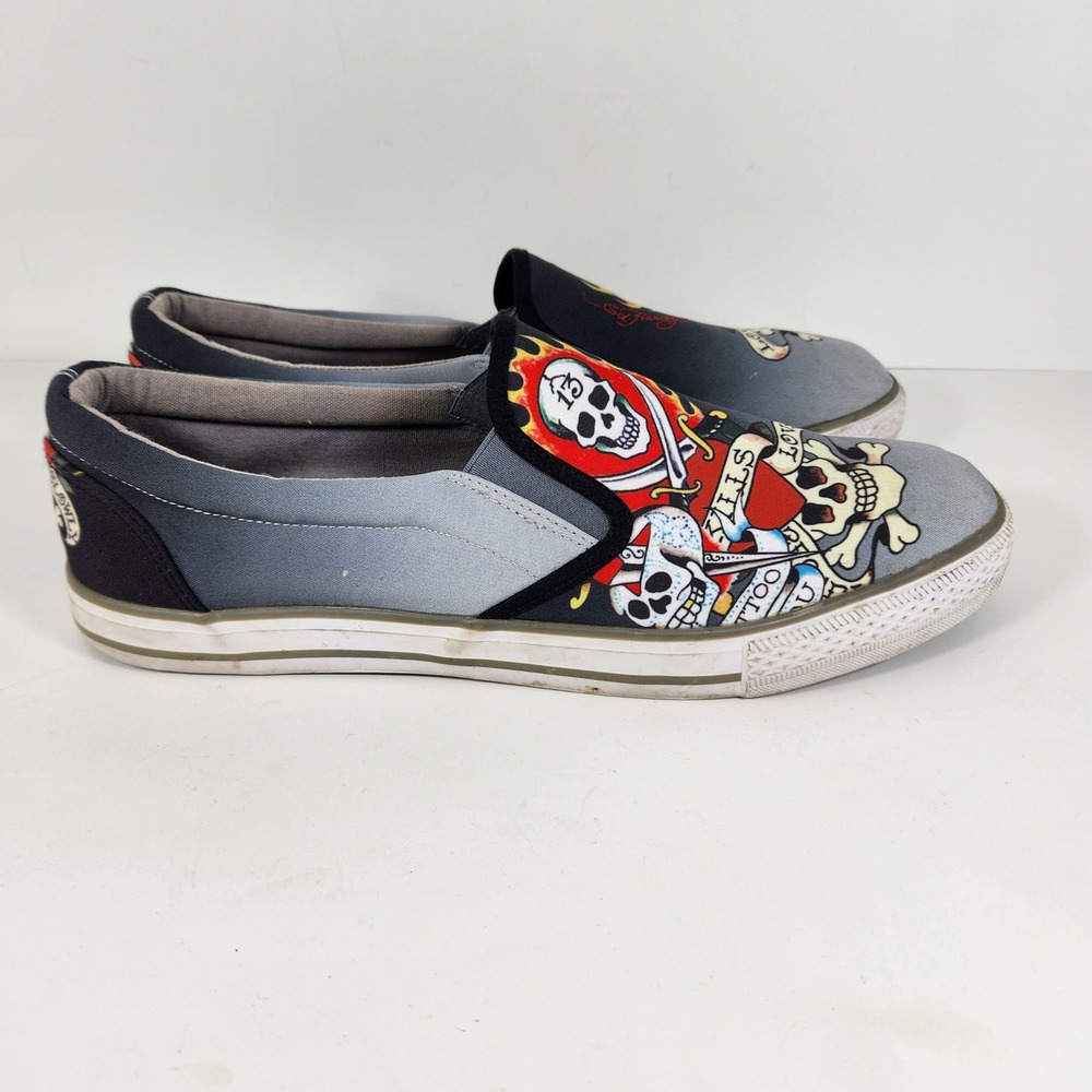 Ed Hardy Mens Skull Tattoo Slip On Sneakers Grey Black EH9036S Size 12